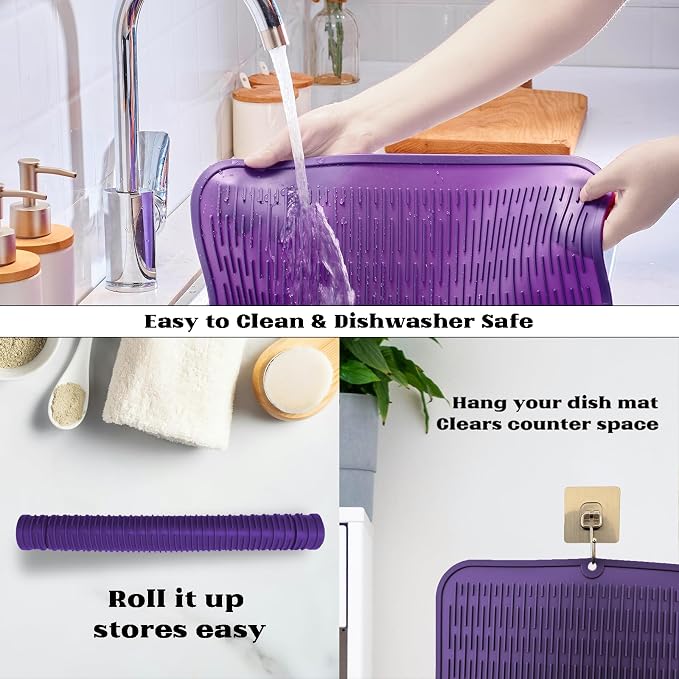 ZLR Oversized Silicone Dish Drying Mat for Kitchen, 16"x18", Meadow Violet | Family-Size Drainboard for Pots & Pans, Thick 4mm No-Curl, Heat-Resistant Trivet to 450°F, Non-Slip, Rolls to Store