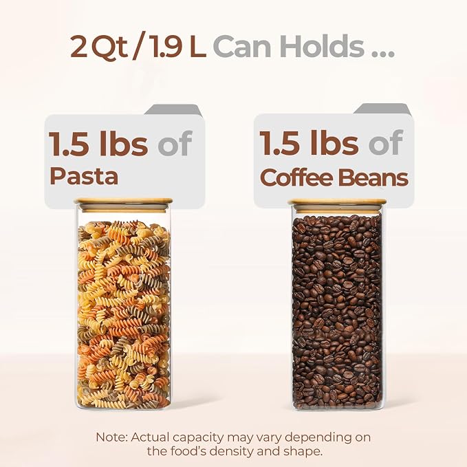 ComSaf Glass Storage Containers with Lids 2 Qt, Set of 3 Cereal Containers | Pantry Storage Container, Rectangle Jar, Glass Cereal Dispenser, Kitchen Canisters, Dry Food, Flour, Sugar, Coffee, BPA Free