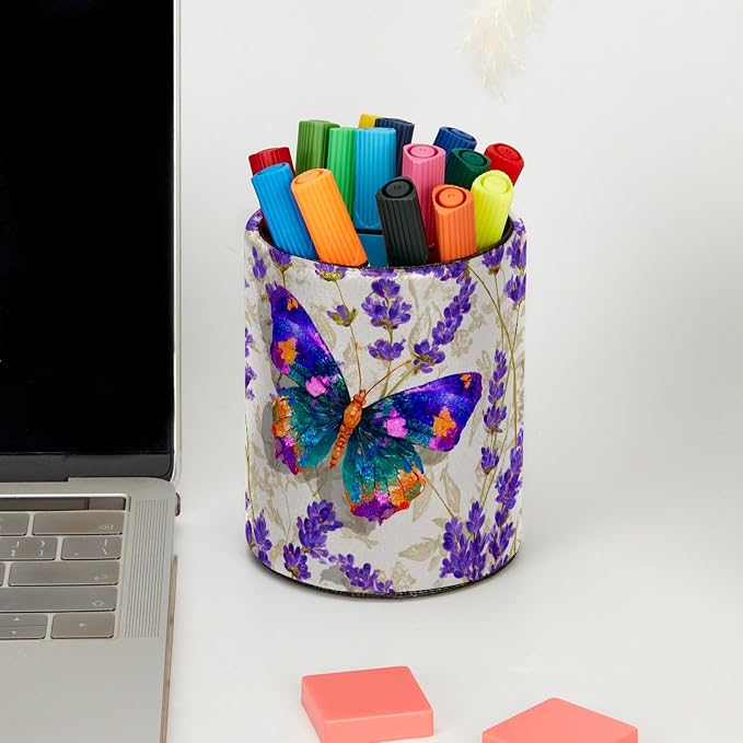 Butterfly and Lavender Pen Holder, Pencil Cup Marker Brush Holder Desk Storage Case, Desktop Organizer for School Office Home Supplies