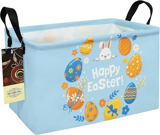 Rectangle Canvas Foldable Storage Basket for Nursery, Rabbit Easter Egg | Portable and collapsible cloth receptacle. Stores pet essentials, daily use items. Folds flat when not in use