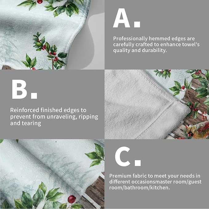 Giwawa Red Bird Towel- Xmas Holly Berries Watercolor Poinsettia Hand Face Towels- Winter Trees Red White Floral Soft Microfiber Dish Towel for Bathroom Guest Gym Seasonal New Year Decor