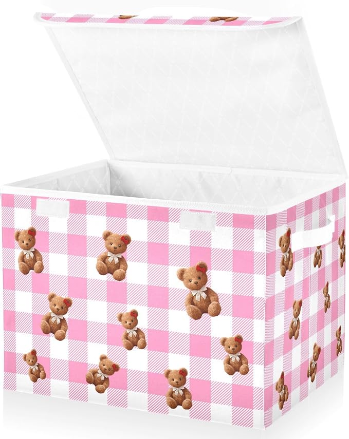 Pink Bear Fabric Storage Bins with Lid Closet Bedroom 40L Fabric Bin | Decorative Storage Boxes, 300D Oxford Cloth, Hollow Board Frame, Flip Top Velcro Lid, 16.5x12.6x11.8 inch, Collapsible Design