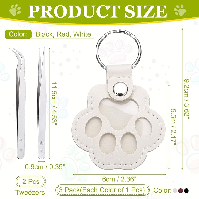 Dog Fur Storage Keychain, Pet Fur Keepsake Keyrings, Paw Shaped, Pet Hair Keepsake Keychains with Tweezers