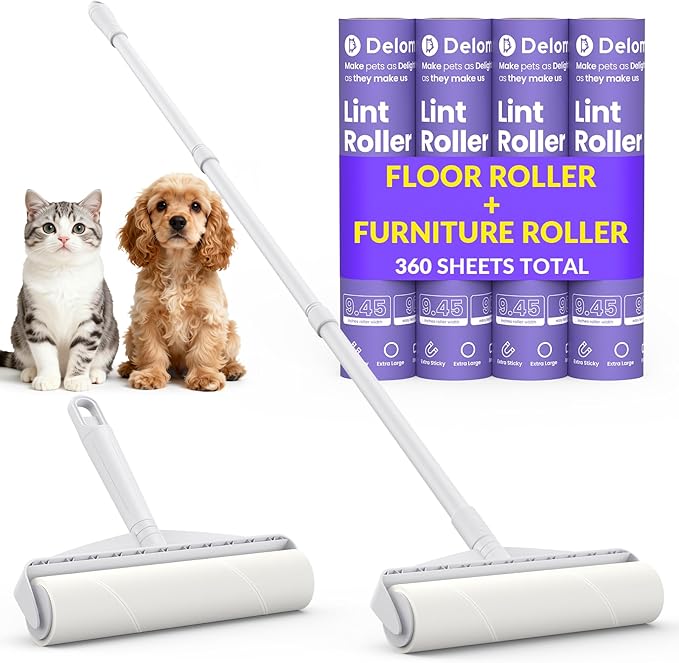 Two Large Lint Roller Set for Pet Hair: DELOMO 9.45” Extra-Wide Sticky Rollers - Long Handle for Floors & Carpets and Short Handle for Couches & Furniture - 360 Sheets Total - for Multi-Pet Homes