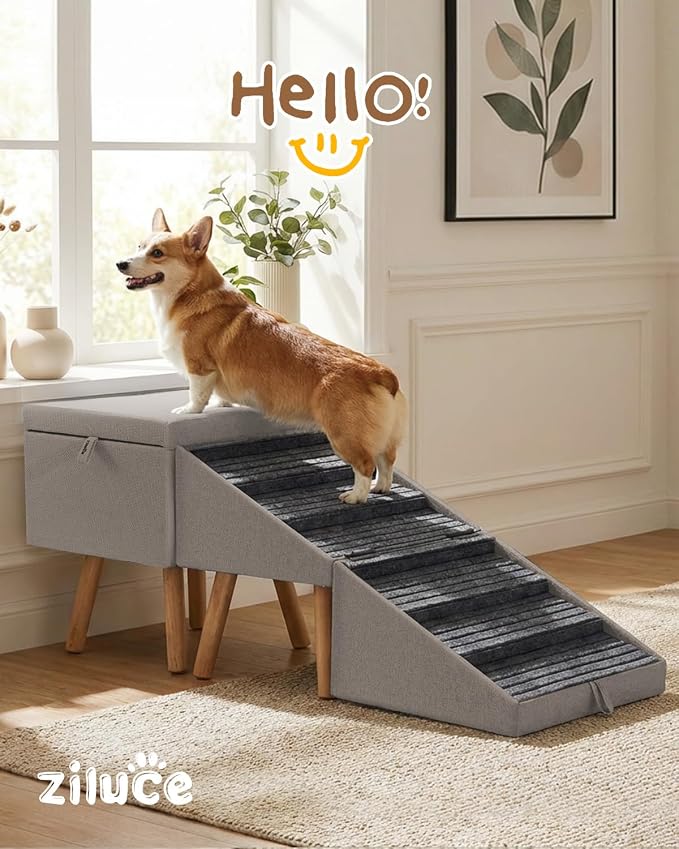 Split Ottoman Dog Ramp for Bed and Couch, 21.06" H Non Slip Dog Stairs for Small Medium Large Dogs Cats Puppies Joint Support, 2 in 1 Foldable Wooden Pet Steps for Senior/Injured Dogs, Space Saving