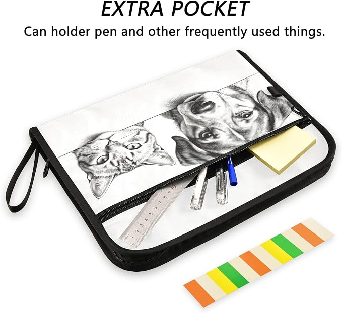 Pet Sketch Expanding File Folder with Sticky Labels | 13 Pockets Accordion File Folder Document Organizer Expandable Zip File Folder with Zipper Closure