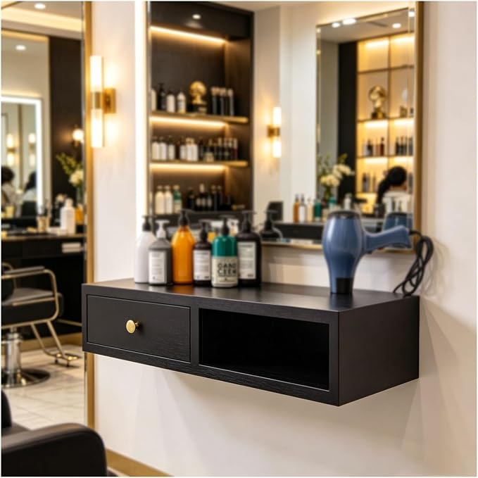 Hair Tool Organizer with Drawer, Floating Makeup Vanity, with 1 Hair Dryer Holders, Wall Mounted Salon Stations for Hair Stylist, Suitable for Multiple Scenarios(Black,19.6x10.2x5.9in)