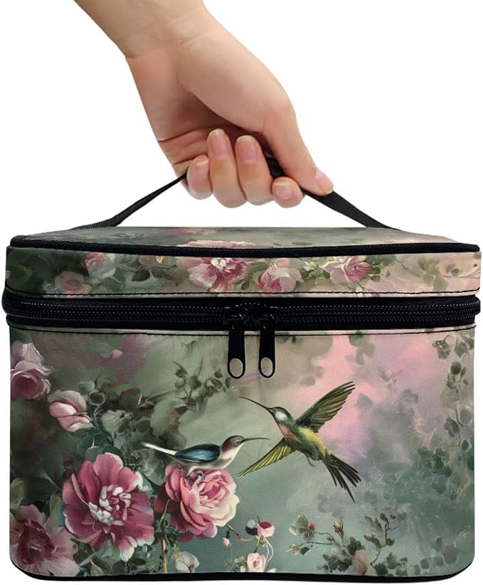 Hummingbird Make Up Bags for Women Portable Lightweight Floral Cosmetic Bag with Handle Womens Travel Makeup Bag for Vacation Daily Party