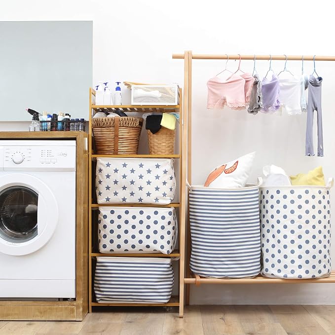Sea Team Large Canvas Laundry Basket with Handles, Blue Stripes | Collapsible Fabric Laundry Hamper, Closet Shelf Organizers, Containers for Clothing, Blankets, Toys, Bedding, 19.7 x 15.7”