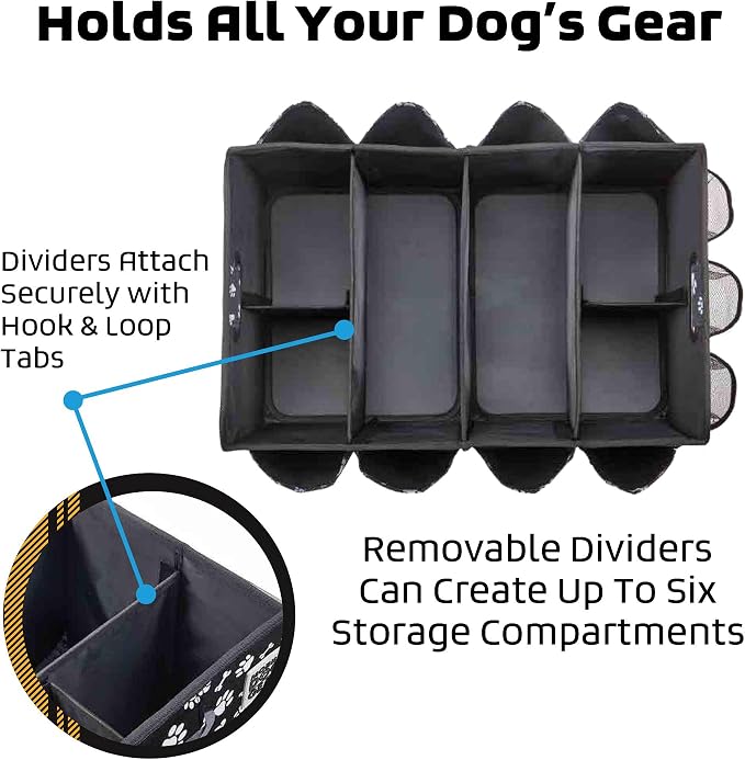Mobile Dog Gear, Dogssentials Collapsible Storage Organizer for Travel with Built-in Waste Bag Dispenser, Includes 1 Roll of Waste Bags, Black/White Paw Bone Print, Meets Airline Regulations
