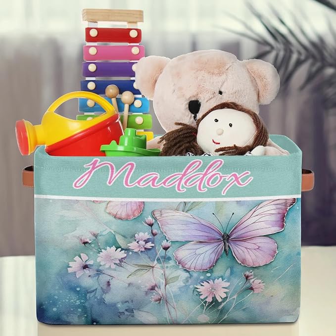 Custom Name Storage Bin, Personalized Rectangular Storage Basket with Handles for Organizing Boys Girls Toys Office Closet Shelf Baskets, Watercolor Pink Butterfly with Floral