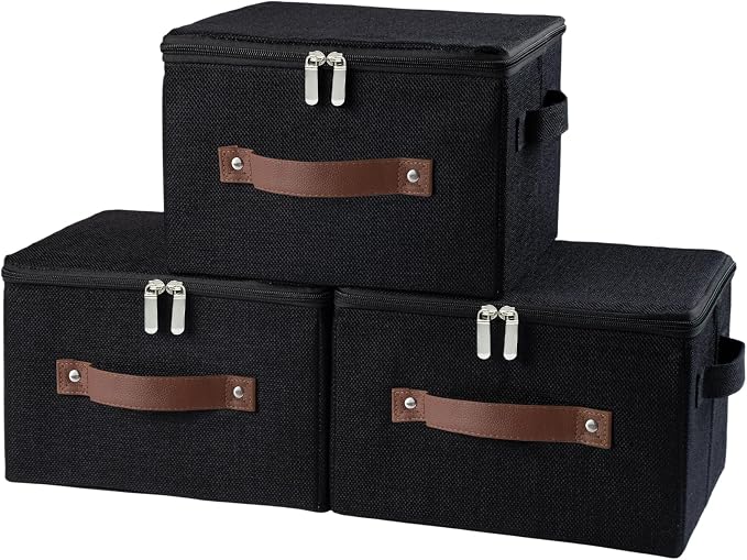 3PCS Storage Bins with Zipper Lid Decorative Lidded Storage Boxes | Collapsible Cotton Linen Fabric Storage Baskets, PU Leather Handle, Stackable Shelf Closet Organizer Container(Black, Small)