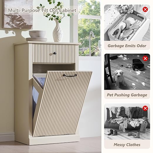 IFGET Tilt-Out Trash Can Cabinet, Modern Laundry Hamper Cabinet, Cream