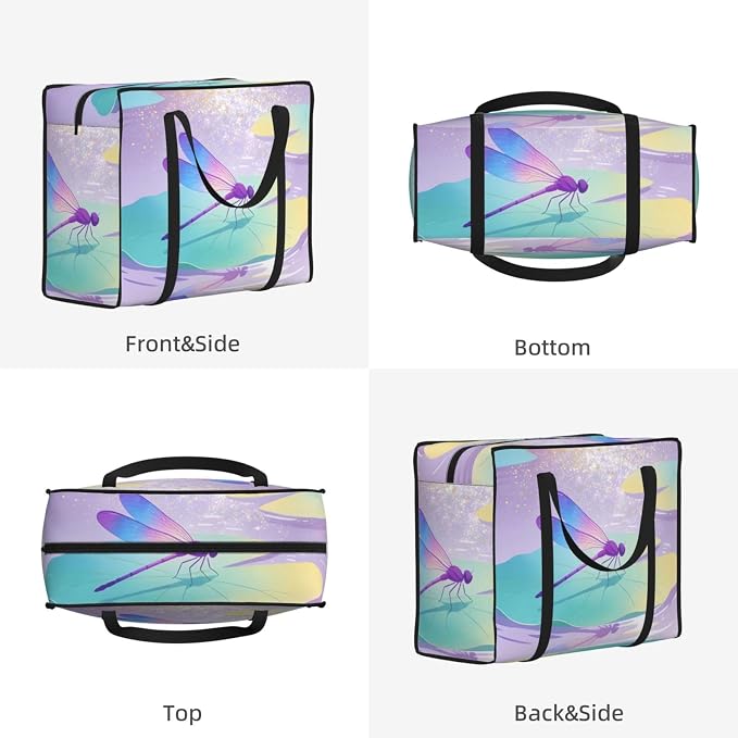 Reusable Grocery Tote Bag Pastel Watercolor Dragonfly On Lily Pad, Extra Large Oxford Fabric Foldable Shopping Tote with Zipper for Grocery and Daily Use
