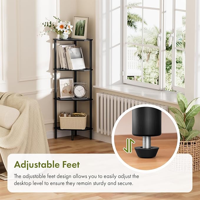 Corner Shelf Stand, 4 Tier Corner Bookshelf, Bamboo Storage Standing Shelf Unit, Tall Storage Plant Stand,Bookcase for Living Room, Home Office, Bedroom, Kitchen, Black