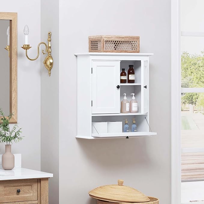 Spirich Bathroom Wall Cabinet, White Medicine Cabinet with Doors | Adjustable Shelf, Lower Tilt-Out Cube, FSC-Certified MDF, Space-Saving Concealed Storage for Toiletries, Towels, or Medicine