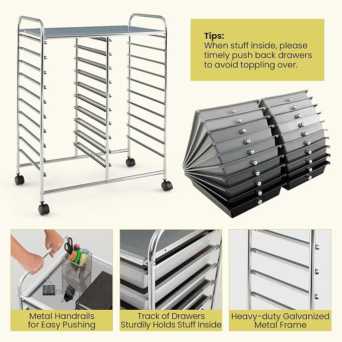 20 Drawer Rolling Storage Cart, Art Cart Organizer with Wheels for Makeup, Tool, Paper, Multipurpose Craft Storage Cart with Drawers for Office, Home, Classroom, School (Gradient Grey)