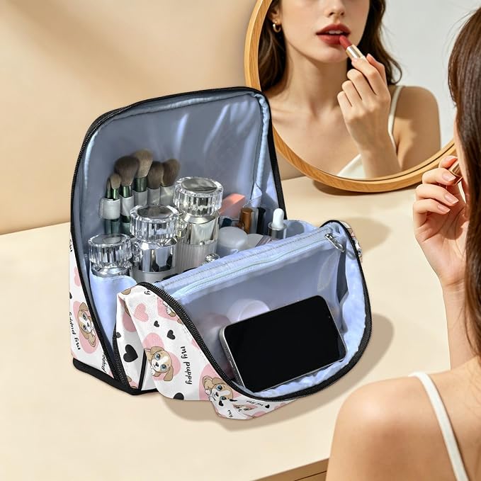 MCHIVER Pets Puppy Makeup Bag Travel Makeup Bag for Women | Stand-Up Large Makeup Bag Organizer with Handle and Divider for Travel Accessories, 10x4.1x9.6 In