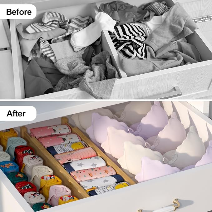 Bamboo Kitchen Drawer Divider 4 Pack,17-22" Adjustable Dresser Drawer Organizer for Bathroom,Bedroom,Natural,2.4 inch High