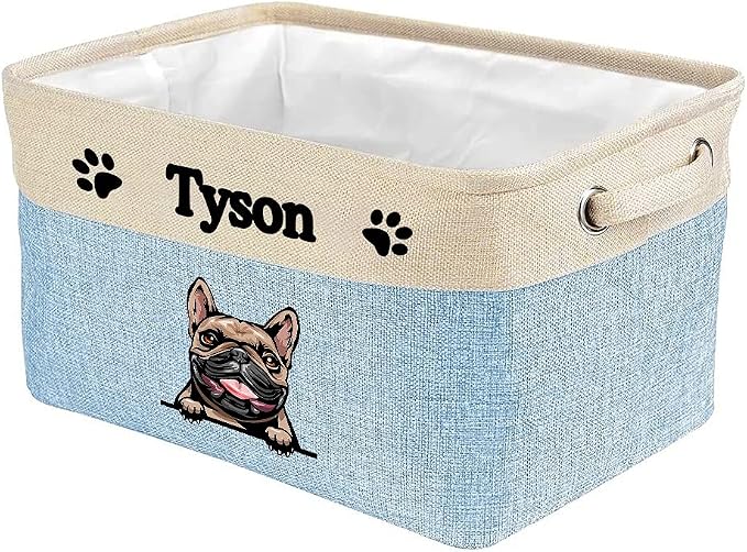 Personalized Fabric Dog Toy Storage Basket with Lovely Dog French Bulldog Collapsible Sturdy Fabric Pet Toys Storage Bin Cube with Handles for Organizing, Blue amd White
