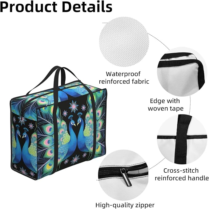 48.7L Large Storage Totes Peacocks With Mandala Romantic, Reinforced Handles Moving Totes with Strong Zippers for College Dorm Room