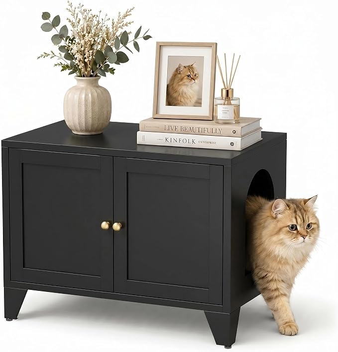 Metal Cat Litter Box Enclosure Furniture, Hidden Cat Washroom Cabinet with 2 Doors, Modern Pet Cabinet for Litter Box or Cat Bed, Dog Proof Indoor Cat House, End Table, Nightstand, Black