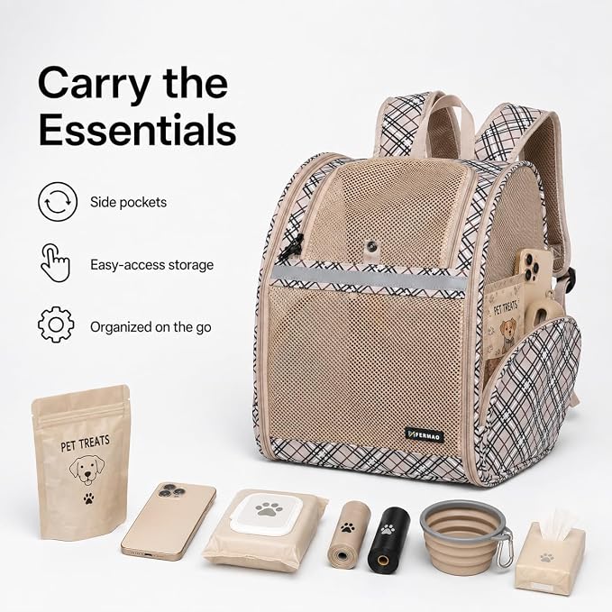 Cat Backpack Carrier for Small Dogs and Medium cat Puppy Kitten Bunny Pet Carrier Backpack Collapsible with Fully Ventilated Mesh with Safety Leash (Khaki, 12.9" L x 10.62" W x 15.5" H - M)
