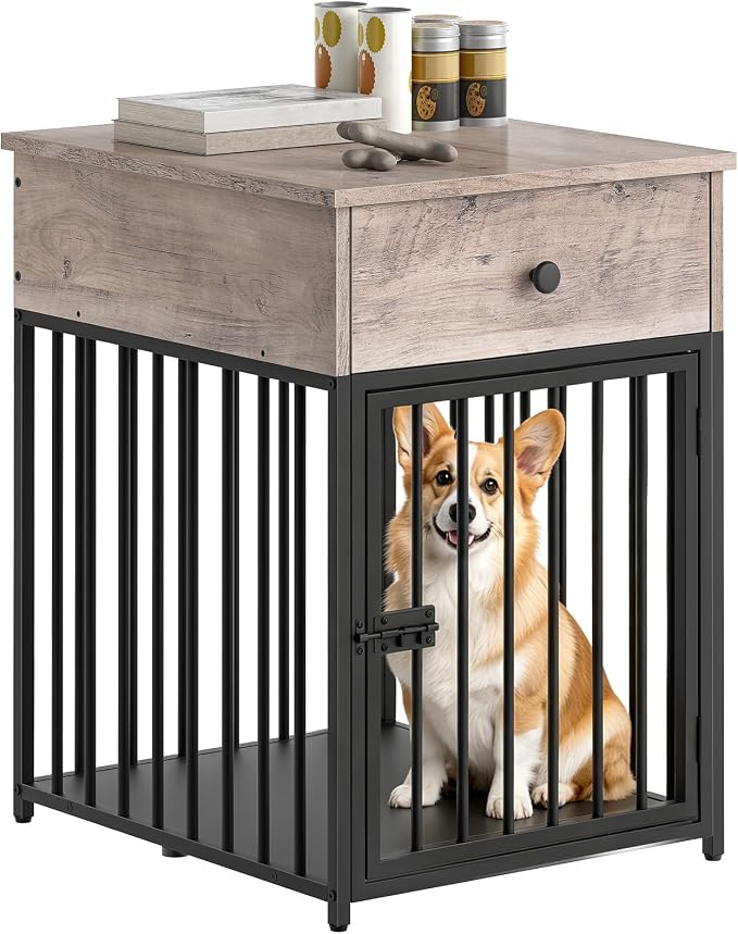 HOOBRO Dog Crate Furniture, Wooden Dog House, Decorative Dog Kennel with Drawer, Indoor Pet Crate End Table for Small Dog, Steel-Tube Puppy Cage, Chew-Proof, Greige BG01GW03