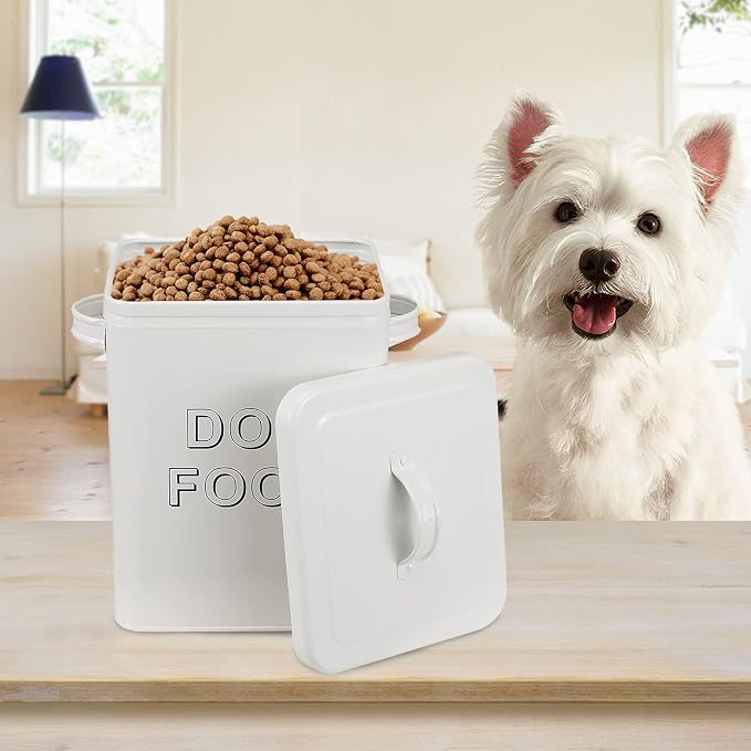 Morezi Metal Dog Food Storage Container Airtight Pet Food Treat Bin 6 lbs | Vintage Durable Canister Dog Treats Tin with Lid& Scoop for Kitchen Countertop, Shelf, Great Gift for Pet Owners(White)