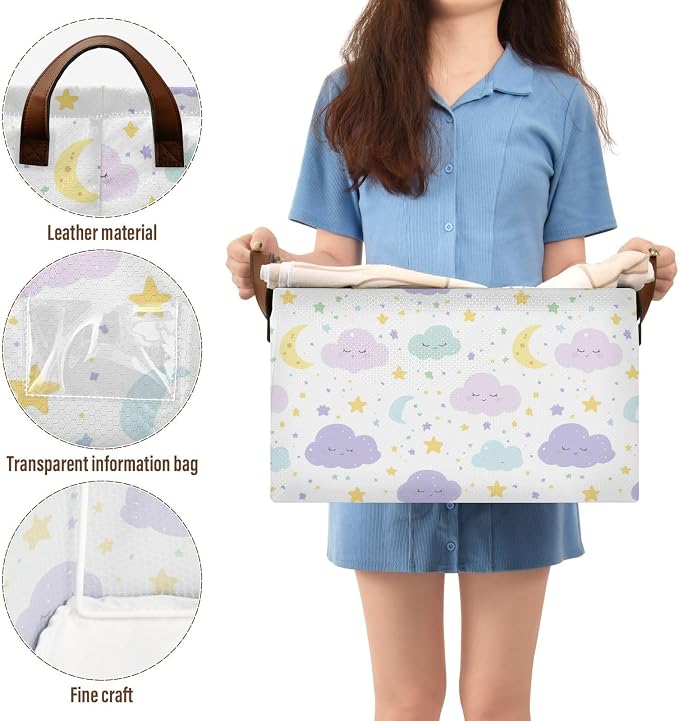 Cute Clouds Moon and Stars Purple Baby Storage Basket with Labels&Handles Rectangular Waterproof Nursery Storage Bins Collapsible Shelf Organizer Baskets for Kids Books Cloth Gift Toys Laundry