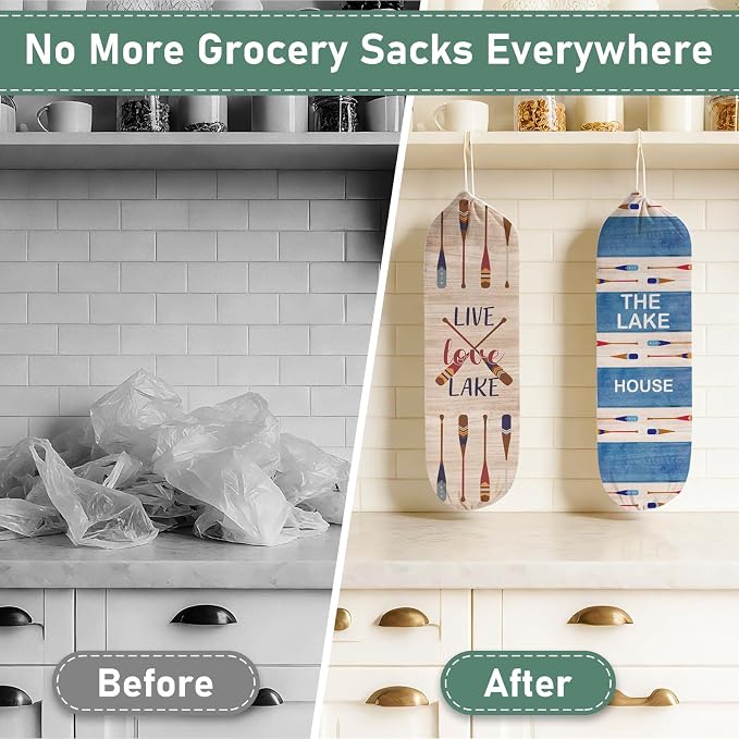 2Pcs Lake House Plastic Bag Holder for Kitchen Essentials, Reusable Hanging Grocery Bag Organizer, Washable Large Grocery Trash Bags Storage Dispenser Lake House Decor for the Home