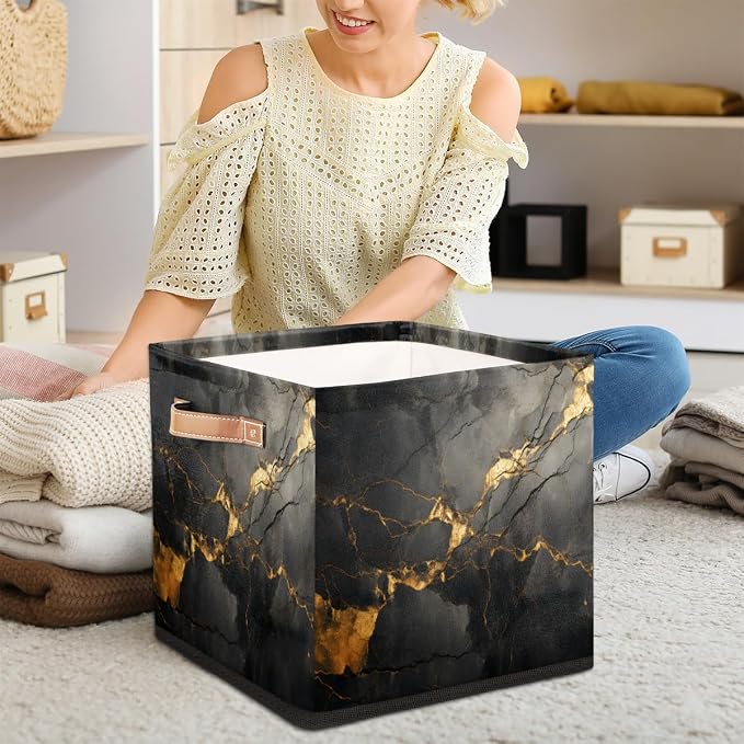 Black Gold Marble Cube Storage Bin, 13 Inch Collapsible Fabric Storage Cube Bin, Foldable Cube Baskets for Shelf, Closet, Organizer