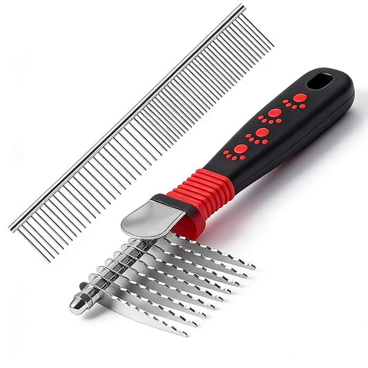 QUMY Dog Comb for Dematting, Stainless Steel Pet Grooming Comb, Removes Dead, Matted or Knotted Hair, Finishing and Fluffing, Comfort-Grip Handle - Pack of 1