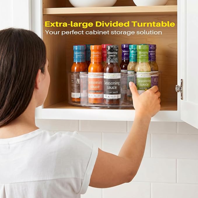 Divided Lazy Susan Turntable Organizer, 11.5" Clear Round Lazy Susan | Rotating Turntable Organizer, Plastic Lazy Susan Turntable, Rotating Storage Container Tray for Pantry, Fridge and Kitchen