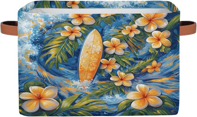 Hawaiian Plumeria Flowers Storage Boxes Theme Storage Nursery Baskets with Handle Closet Collapsible Organizer Shelf Bins for Book Cloth 15x11x9.5 IN