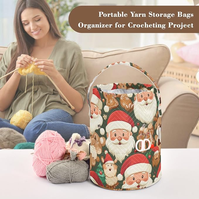 Tatenale Crochet Bag Yarn Bag Knitting Project Bag with Pockets and Handle Portable Yarn Storage Organizer Tangle Free 8.3x11 InchGreen Christmas Santa Claus and Cookies16