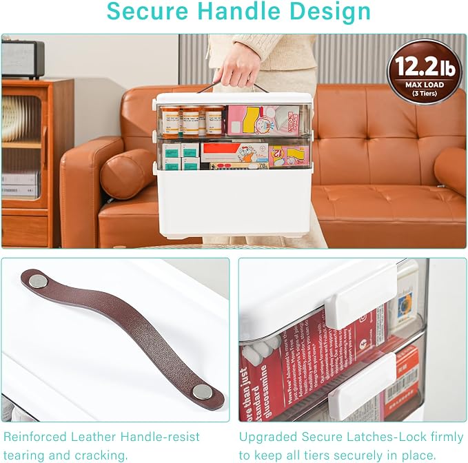 Homaigie Extra Tall 3-Tier Medicine Cabinet Organizer for Medicine Bottles Organizer, Portable Medicine Storage Box with Leather Handle, Empty First Aid Kit Container for Home, Classroom