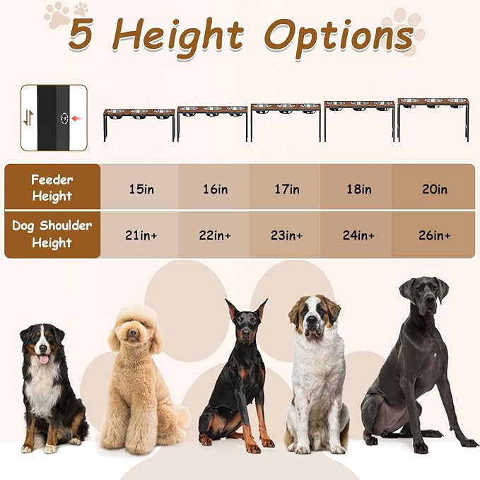 Elevated Dog Bowls Large Breed, Adjustable, 3 Bowl 12.5cup/101oz | 15"/16"/17"/18"/20" Height Fits Giant Dogs Like Great Dane, Stainless Steel Bowls , Iron Holder, Wooden Platform, Grained Oak