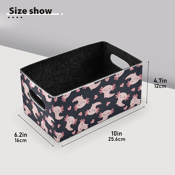 Emelivor Cute Axolotl Heart Black Storage Basket Bins Set (2pcs) Felt Foldable Storage Bins with Fabric Rectangle Storage Organizing Baskets for Office Bedroom Closet Babies Nursery