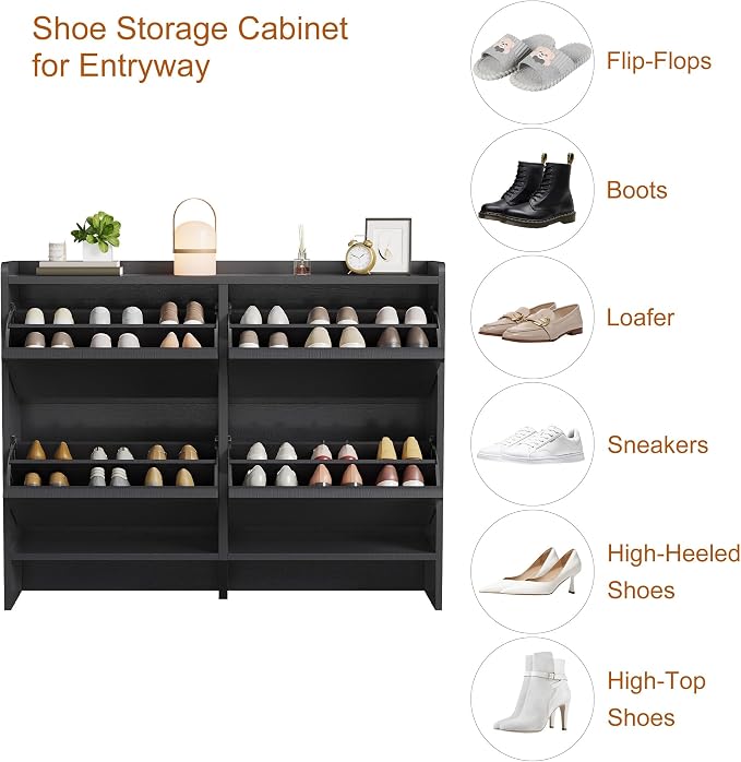 GarveeHome Shoe Cabinet with 4 Flip Drawers, Wooden Shoe Organizer Cabinet with Adjustable Shelf, Shoe Storage for Entryway, Hidden Shoe Cabinet for Hallway, Living Room, Black