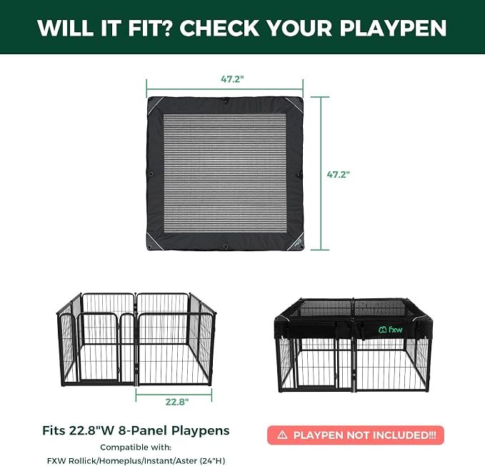 FXW Mesh Top Cover for 24" H 8-Panel Dog Playpen, Square | Helps Deter Jump-Outs, Tear-Resistant, Quick Setup, Compact Storage, Fits FXW Only, Playpen Not Included