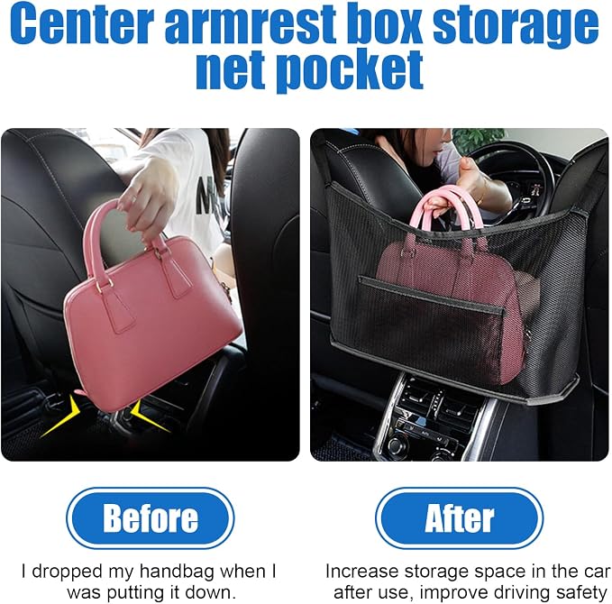 Ziciner 2 PCS Car Net Pocket Handbag Holder, Organizer Mesh Bag Between Two Seat, Driver Storage Netting Pouch for Handbag Purse, Barrier of Backseat Pet, Car Accessories for Women Men (Black)