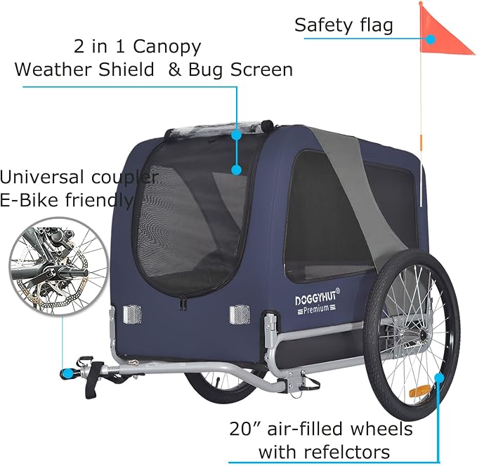 DOGGYHUT® Premium Large Pet Bike Trailer Up to 77 lbs (Blue) | Bicycle Trailer for Small Medium or Large Dogs, Dog Bicycle Carrier, Low Center of Gravity, Folding Frame Cart