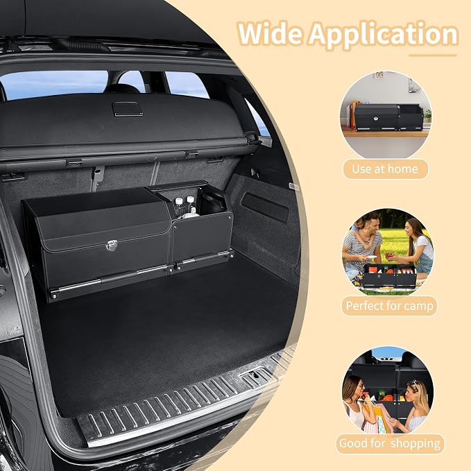 Leather Car Trunk Organizer SUV Trunk Organizer Car Trunk Storage Organizer | Large Trunk Organizer with Lid and Sturdy Handle Car Cargo Storage Box (Black, 33 x 11.4 x 12.2in)