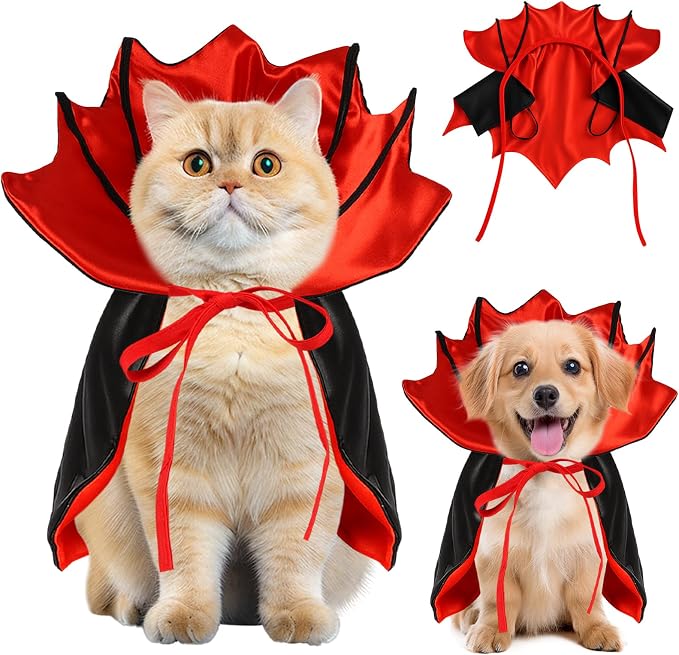 Dog Halloween Costume, Pet Cape for Small Puppy Dogs Cat Funny Red & Black Halloween Costumes with Neck Armor Adjustable Strap Idea for Vampire Party Cosplay (Red Bat, S)