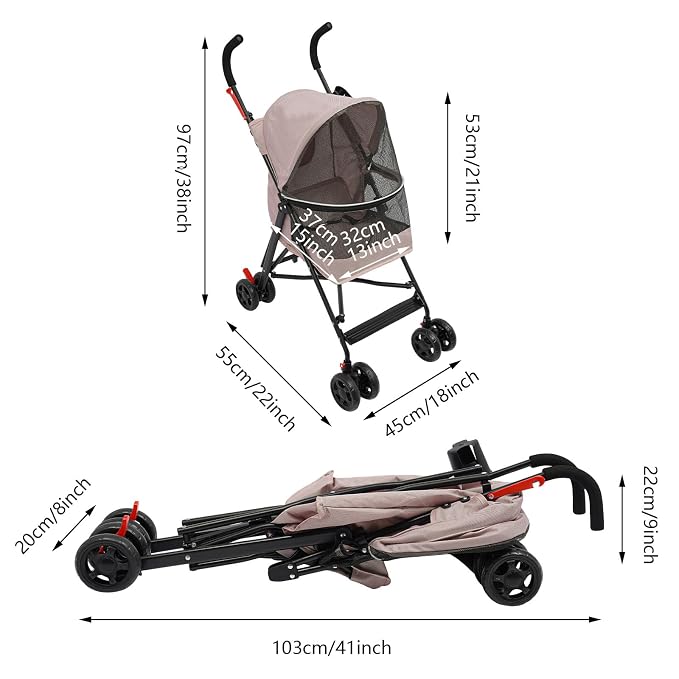 4 Wheels Pet Stroller with Waterproof Cover | Easy-Fold Travel Carrier | Pet Strolling Cart for Small/Medium Dogs and Cat | with Storage Pocket, Cup Holder & Breathable Mesh | for All-Season (Pink)