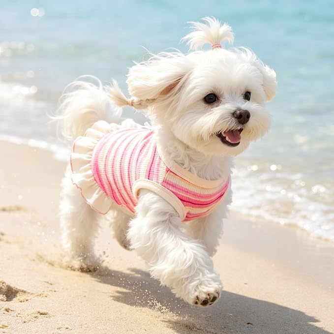 Striped Small Dog Dress Cute Pink Girl Dogs Cats Clothes, Pink L
