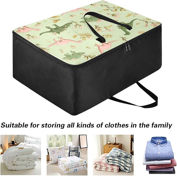 Comforter Storage Bags Large Folding Blanket Organizer Bag with Strong Handles Clear Window Closet Storage Containers for Clothes King Queen Pillows Bedding Quilt Duvet Pink Flower Green Dinosa