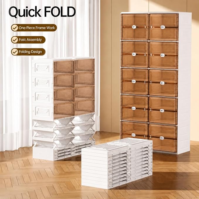 White Shoe Rack Organizer for 32 Pairs of Folding Design | Tool-free Assembly, Magnetic Clear Door, Anti-Tiping, Sneaker Storage, adjustable shelf, Folding Design, Garage, Entryway