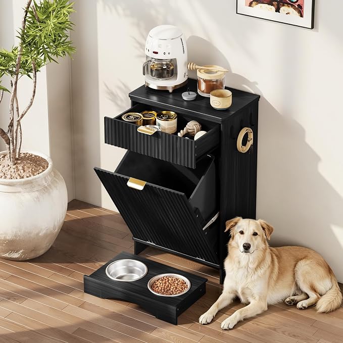 Dog Feeding Station with Storage Cabinet & 2 Elevated Bowls,Hooks,Black | Flip-top Sealed Food Bin.Pull-out Bowl Drawer with Wheels.Side Hooks for Leashes + Internal Shelf for Cans.For Dogs/Cats.